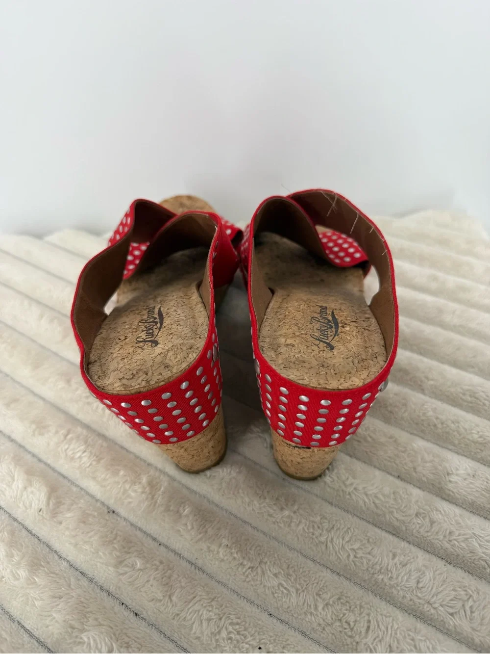 Lucky Brand Red Studded Cork Wedge Sandals for Women size 9